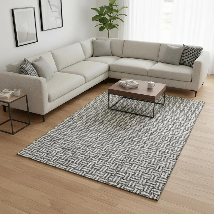 Gray And Ivory Abstract Geometric Washable Area Rug With UV Protection Photo 2