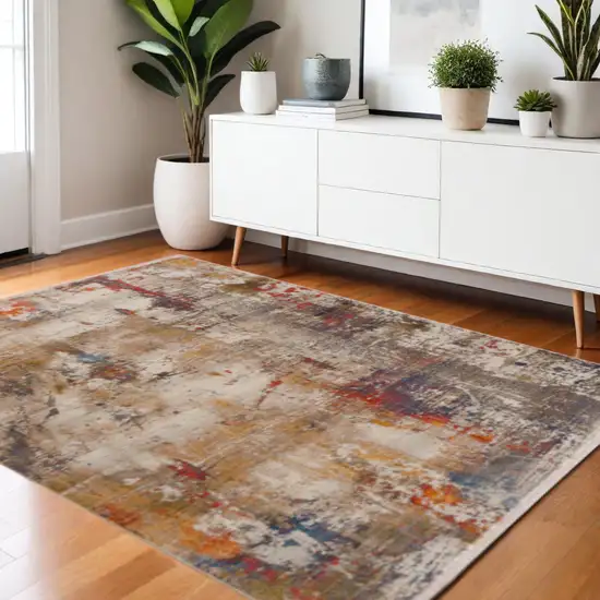 Gray And Ivory Abstract Power Loom Distressed Stain Resistant Area Rug Photo 1