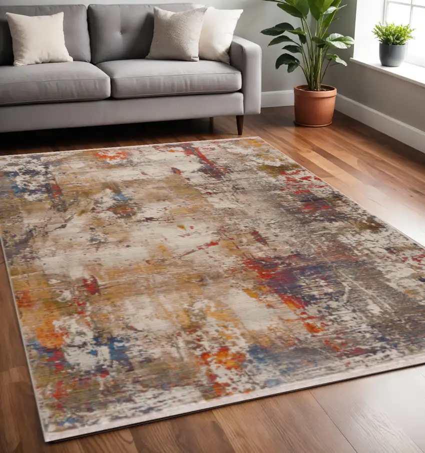 Gray And Ivory Abstract Power Loom Distressed Stain Resistant Area Rug Photo 1