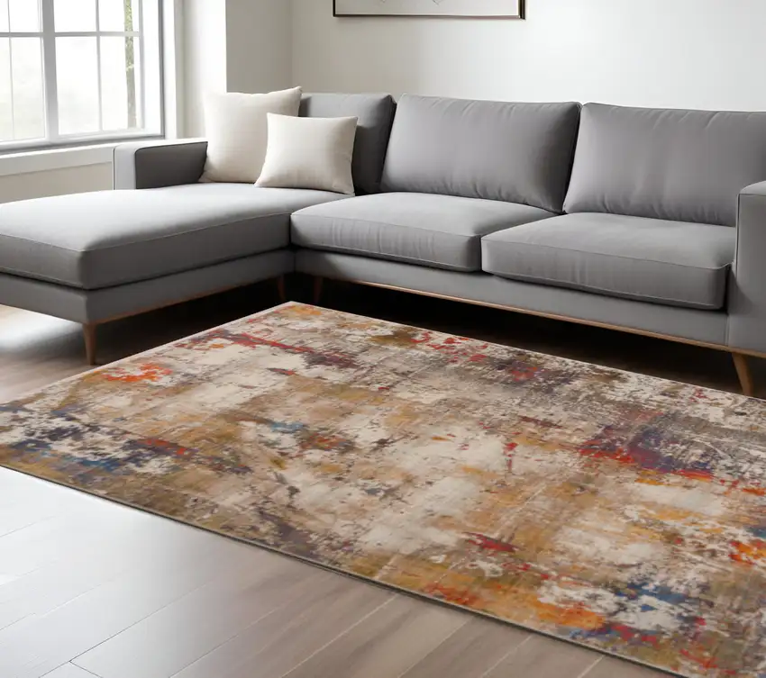 Gray And Ivory Abstract Power Loom Distressed Stain Resistant Area Rug Photo 1