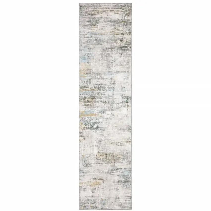 Gray And Ivory Abstract Power Loom Stain Resistant Runner Rug Photo 1