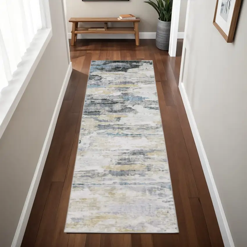 Gray And Ivory Abstract Printed Stain Resistant Non Skid Runner Rug Photo 1