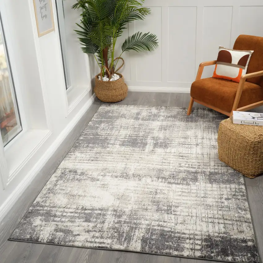 Gray And Ivory Abstract Runner Rug Photo 7