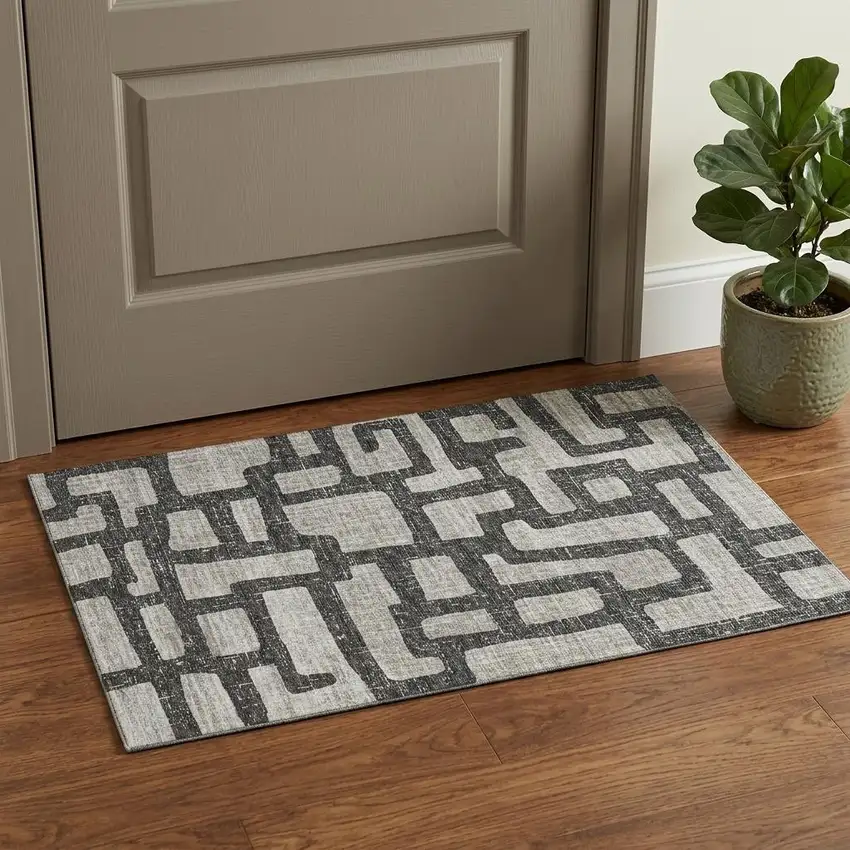 Gray And Ivory Abstract Washable Area Rug With UV Protection Photo 1