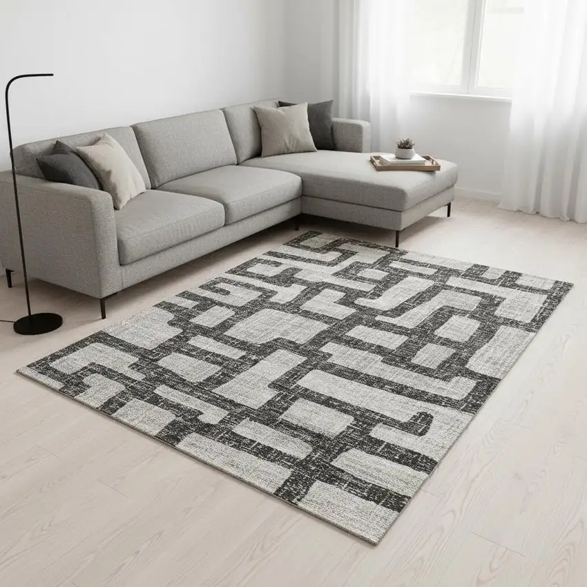 Gray And Ivory Abstract Washable Area Rug With UV Protection Photo 1