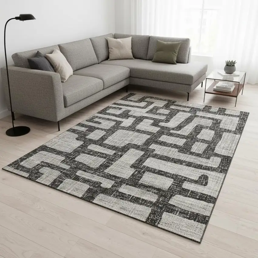 Gray And Ivory Abstract Washable Area Rug With UV Protection Photo 1