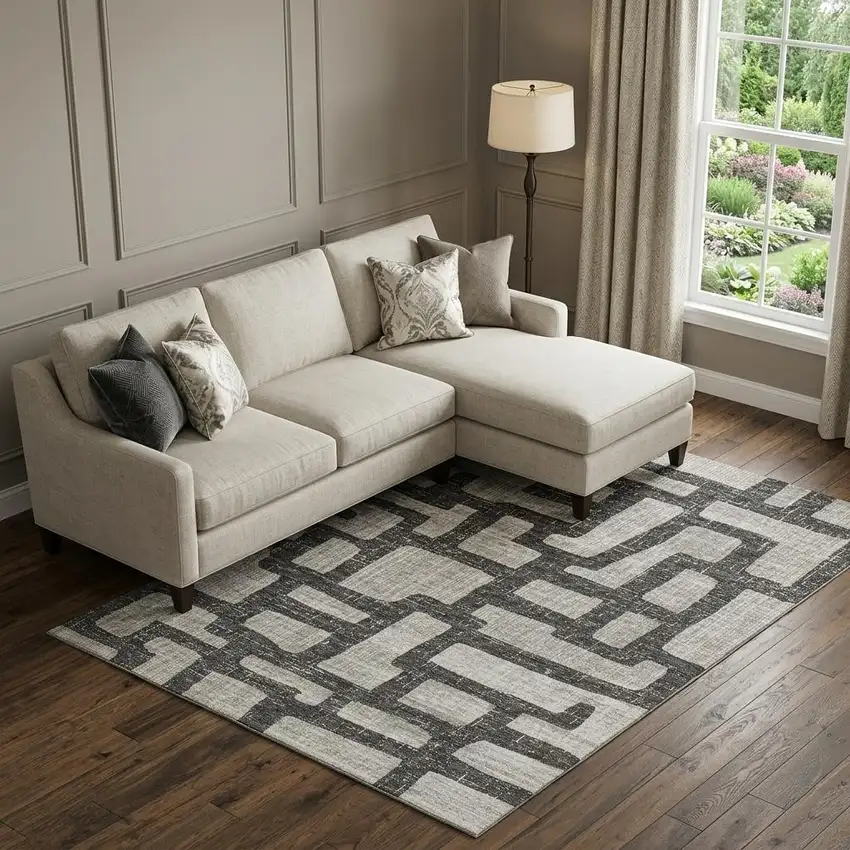 Gray And Ivory Abstract Washable Area Rug With UV Protection Photo 1