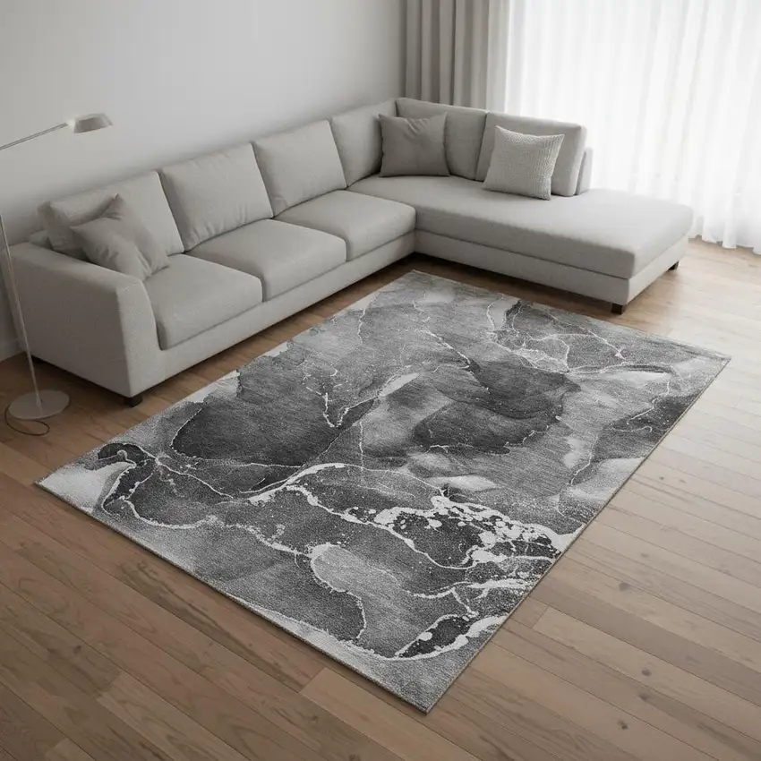 Gray And Ivory Abstract Washable Area Rug With UV Protection Photo 1