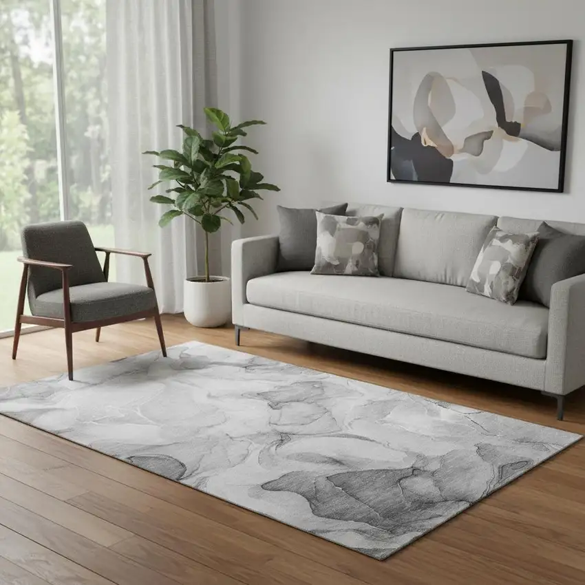 Gray And Ivory Abstract Washable Area Rug With UV Protection Photo 1