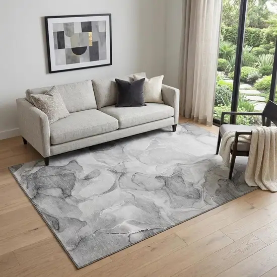 Gray And Ivory Abstract Washable Area Rug With UV Protection Photo 1