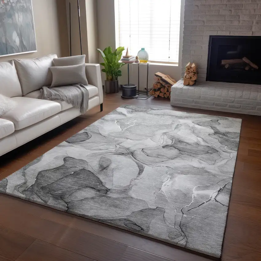 Gray And Ivory Abstract Washable Area Rug With UV Protection Photo 6