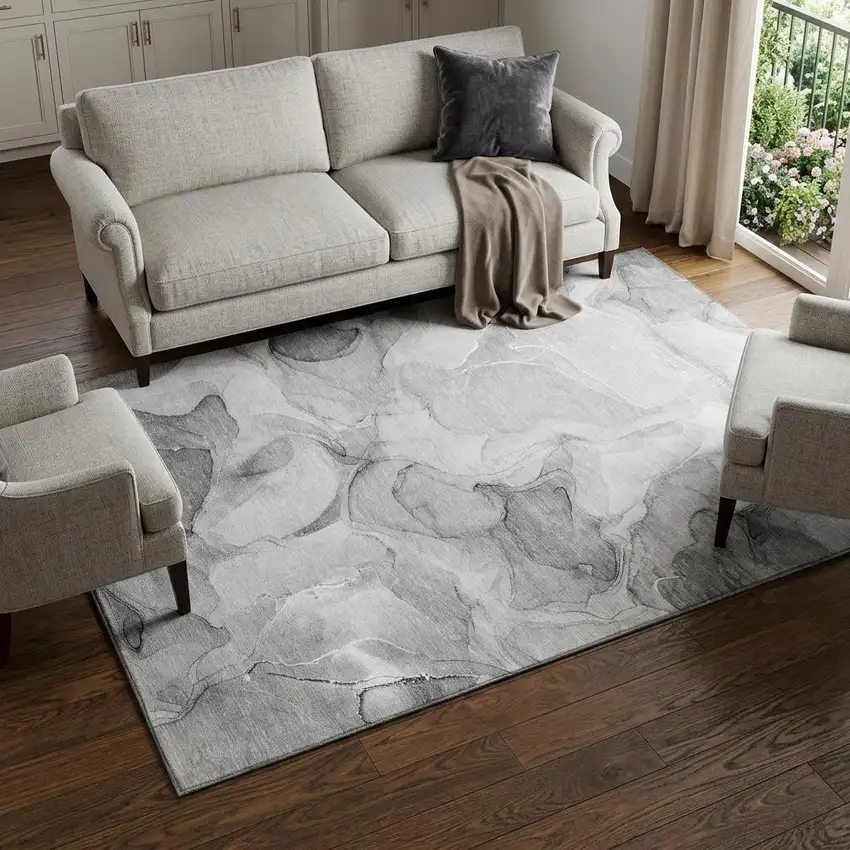 Gray And Ivory Abstract Washable Area Rug With UV Protection Photo 1