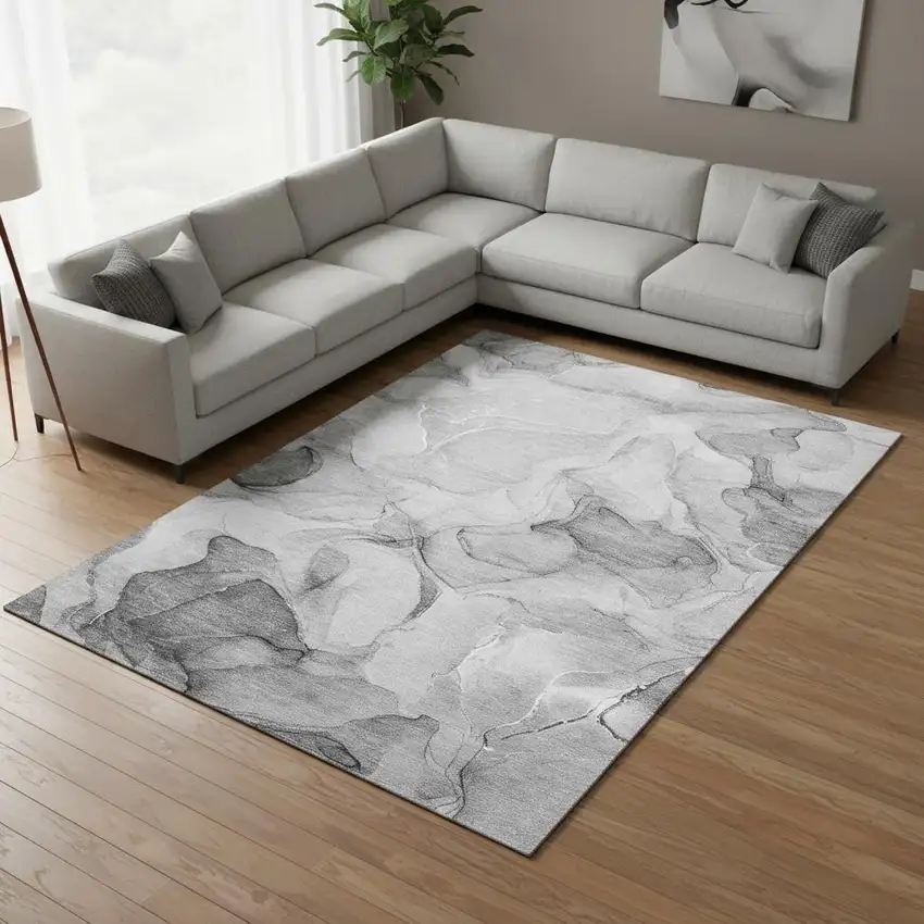 Gray And Ivory Abstract Washable Area Rug With UV Protection Photo 1