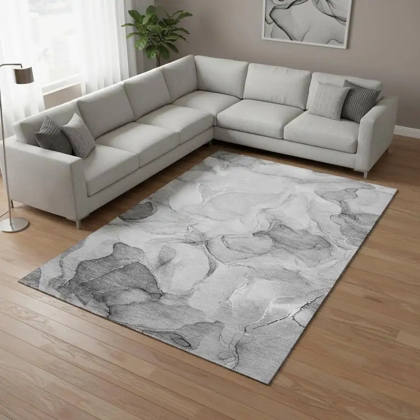 Gray And Ivory Abstract Washable Area Rug With UV Protection Photo 1