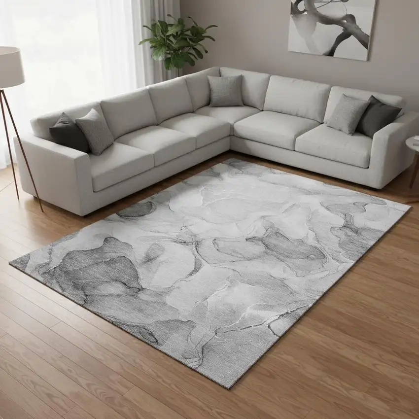 Gray And Ivory Abstract Washable Area Rug With UV Protection Photo 1