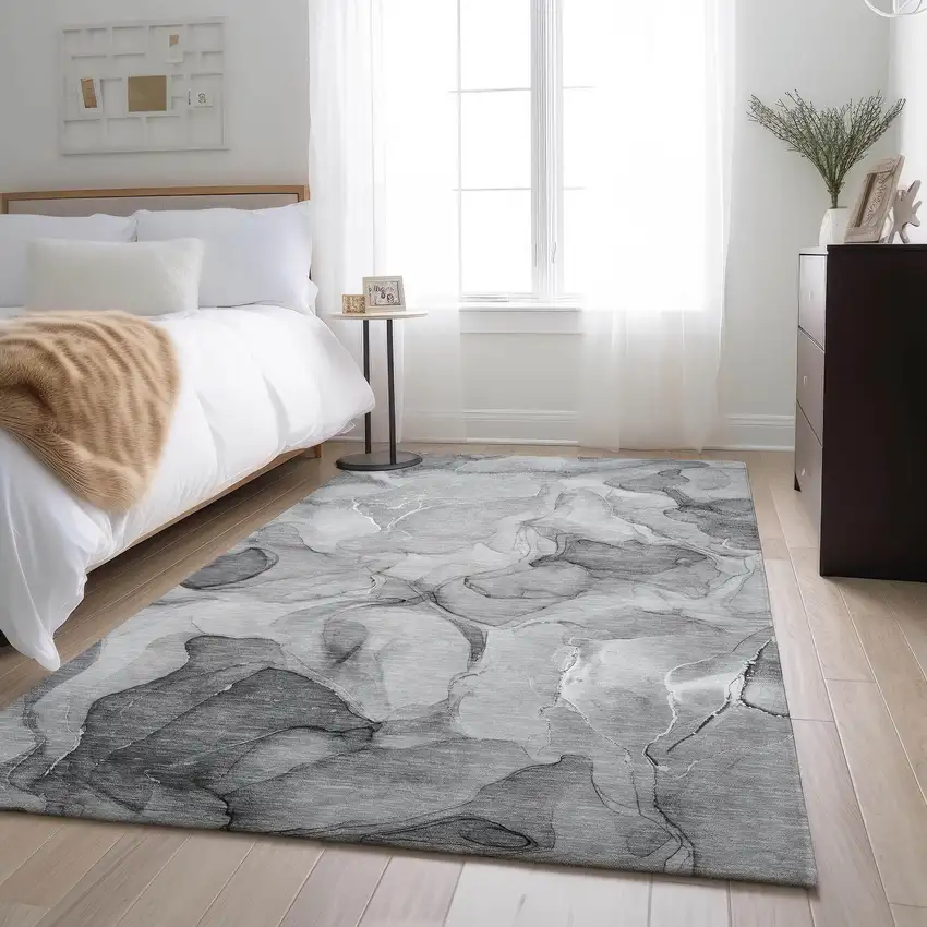 Gray And Ivory Abstract Washable Area Rug With UV Protection Photo 5