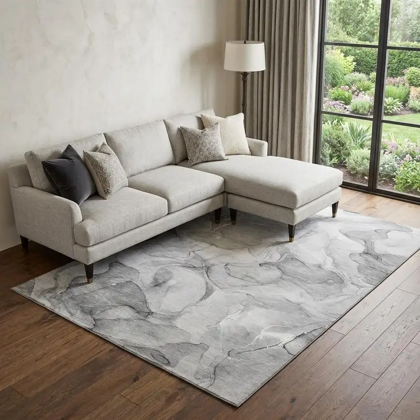 Gray And Ivory Abstract Washable Area Rug With UV Protection Photo 1