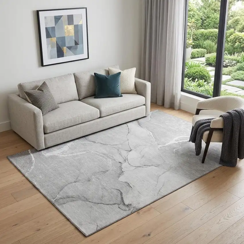 Gray And Ivory Abstract Washable Area Rug With UV Protection Photo 1