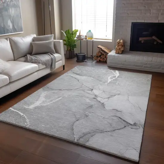 Gray And Ivory Abstract Washable Area Rug With UV Protection Photo 6