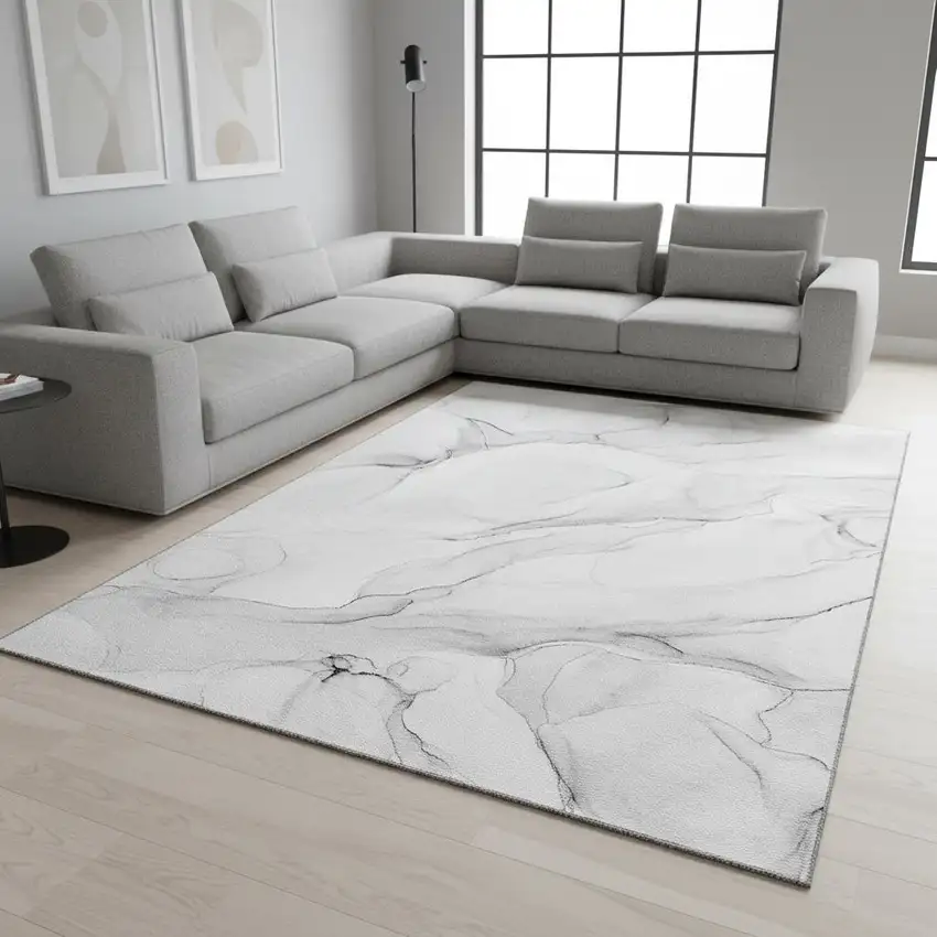 Gray And Ivory Abstract Washable Area Rug With UV Protection Photo 1