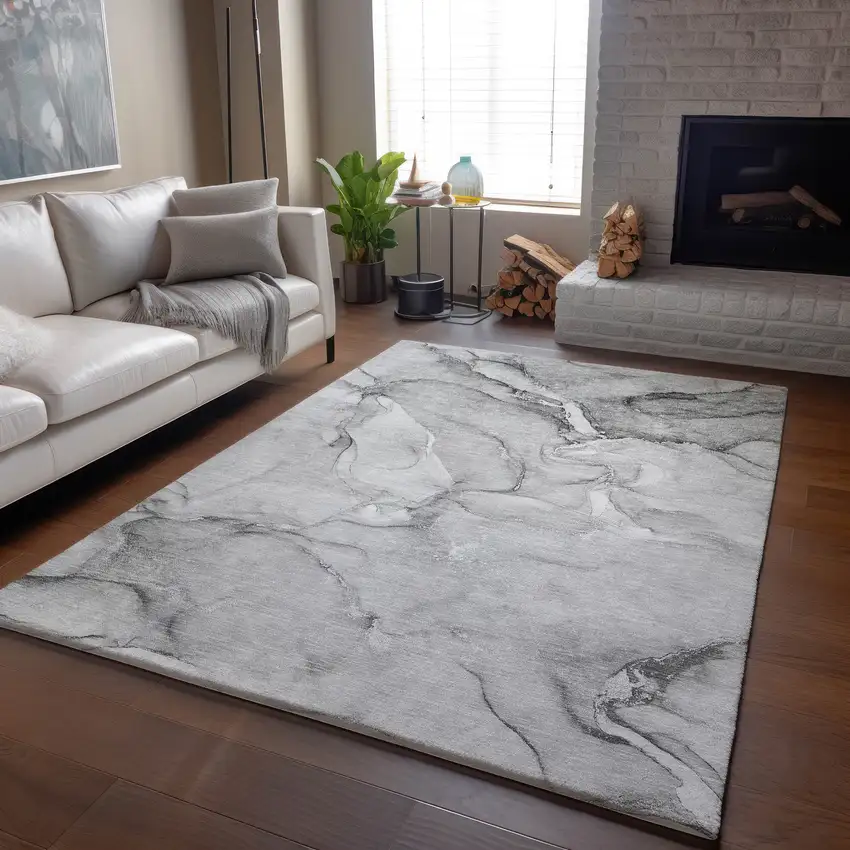 Gray And Ivory Abstract Washable Area Rug With UV Protection Photo 6