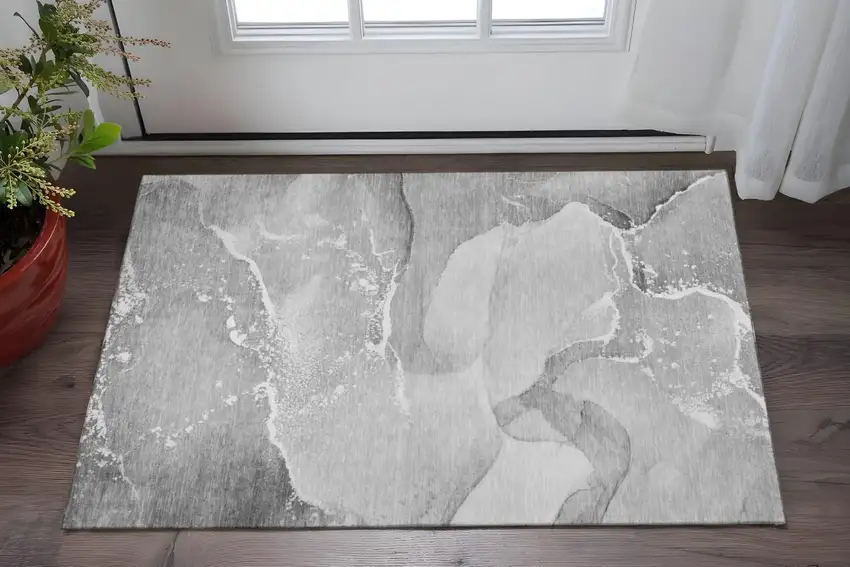 Gray And Ivory Abstract Washable Area Rug With UV Protection Photo 2