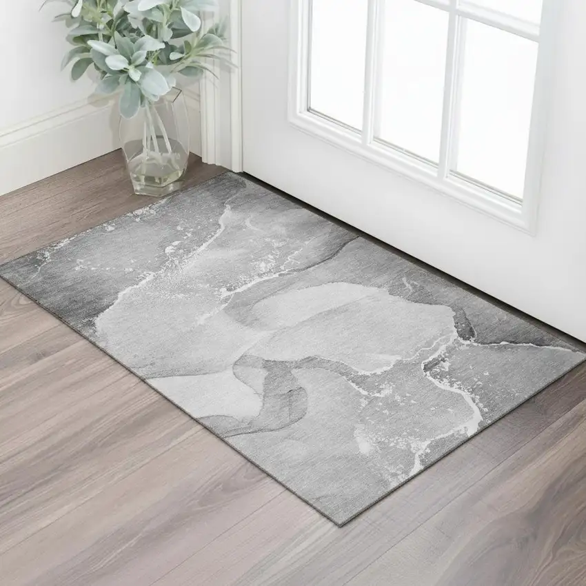 Gray And Ivory Abstract Washable Area Rug With UV Protection Photo 1