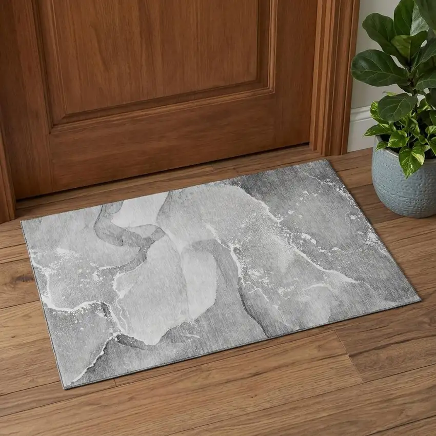 Gray And Ivory Abstract Washable Area Rug With UV Protection Photo 1