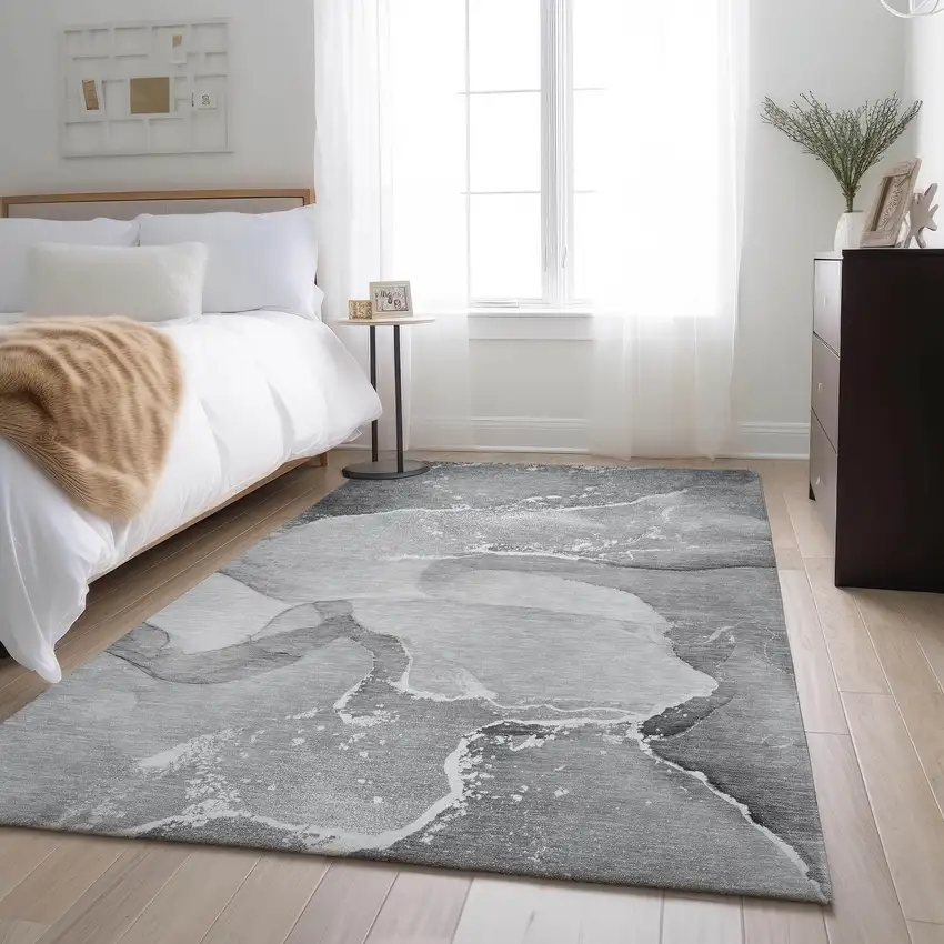 Gray And Ivory Abstract Washable Area Rug With UV Protection Photo 5