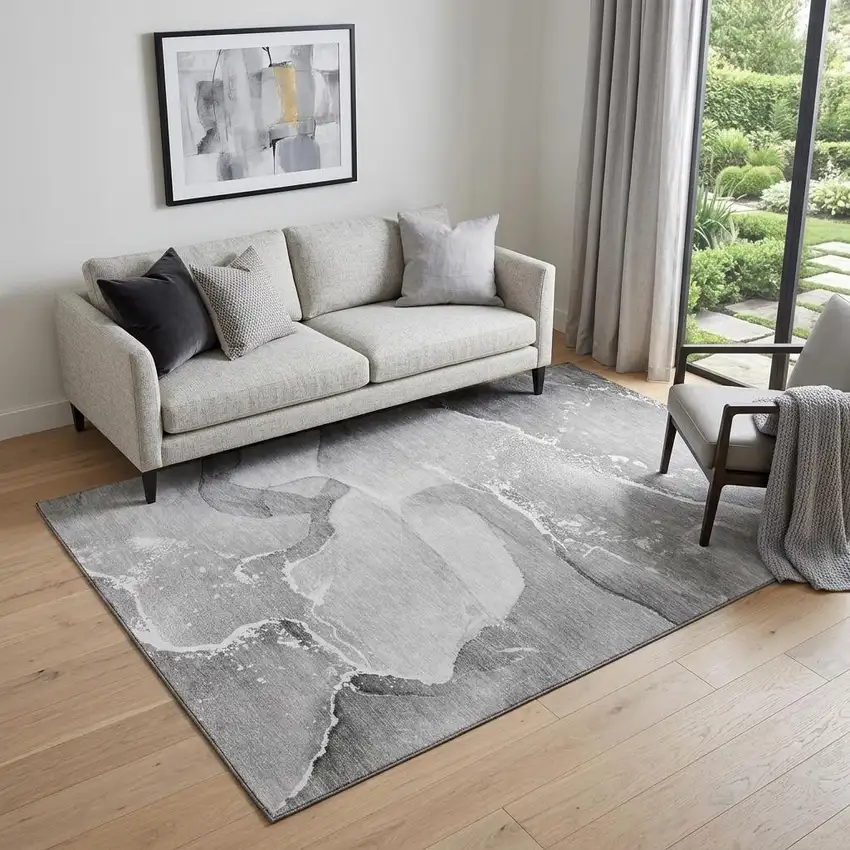 Gray And Ivory Abstract Washable Area Rug With UV Protection Photo 1