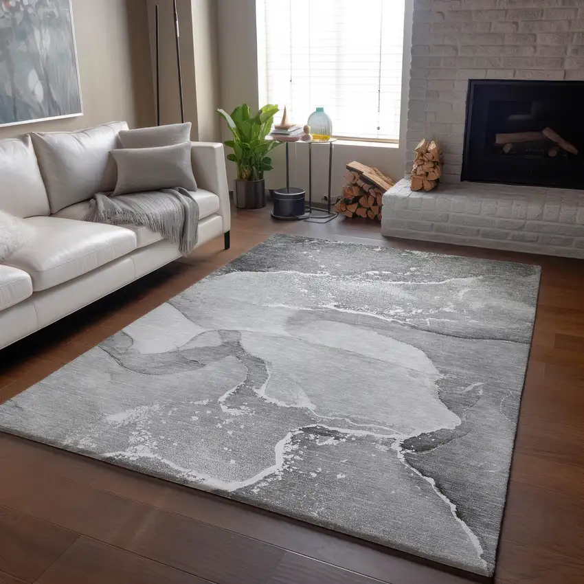 Gray And Ivory Abstract Washable Area Rug With UV Protection Photo 6