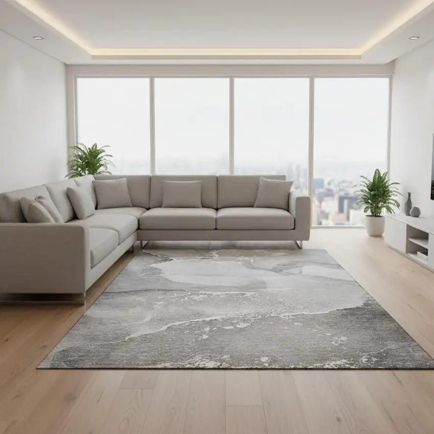 Gray And Ivory Abstract Washable Area Rug With UV Protection Photo 1