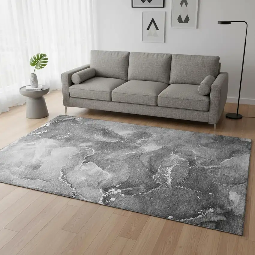 Gray And Ivory Abstract Washable Area Rug With UV Protection Photo 2