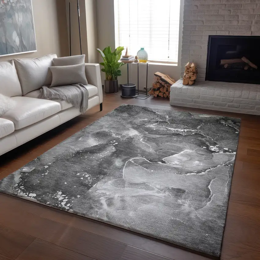 Gray And Ivory Abstract Washable Area Rug With UV Protection Photo 9