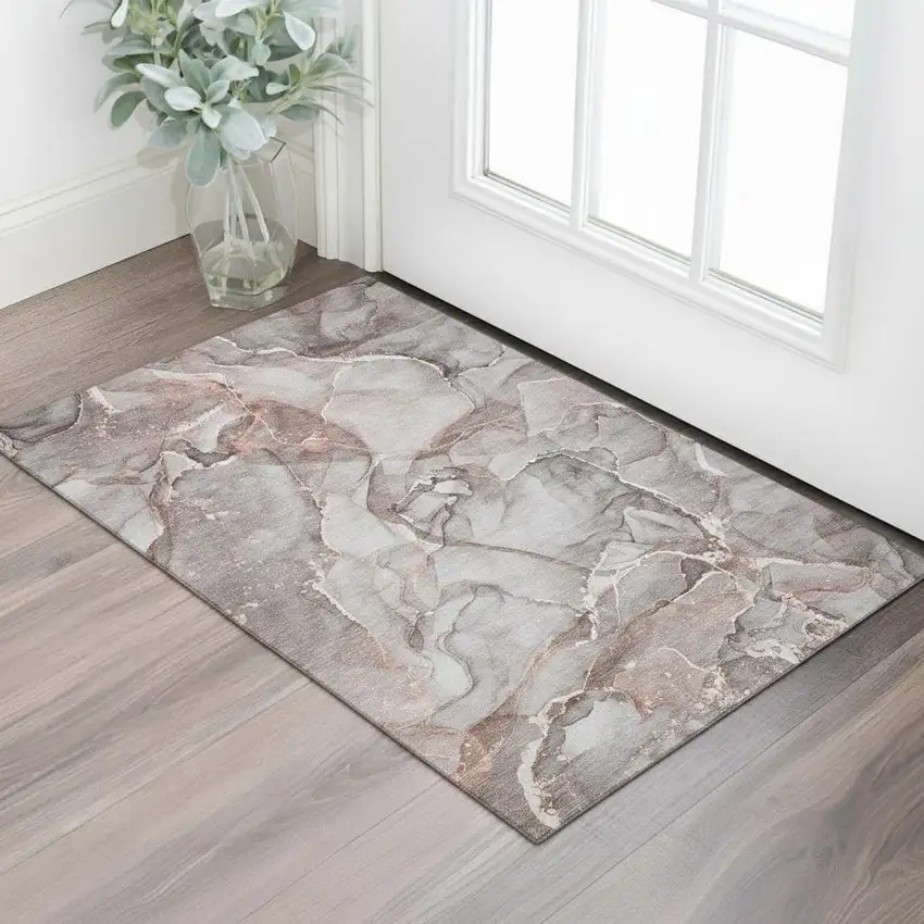 Gray And Ivory Abstract Washable Area Rug With UV Protection Photo 1