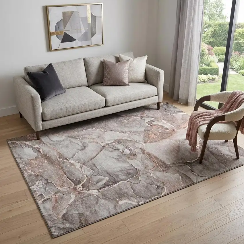 Gray And Ivory Abstract Washable Area Rug With UV Protection Photo 1