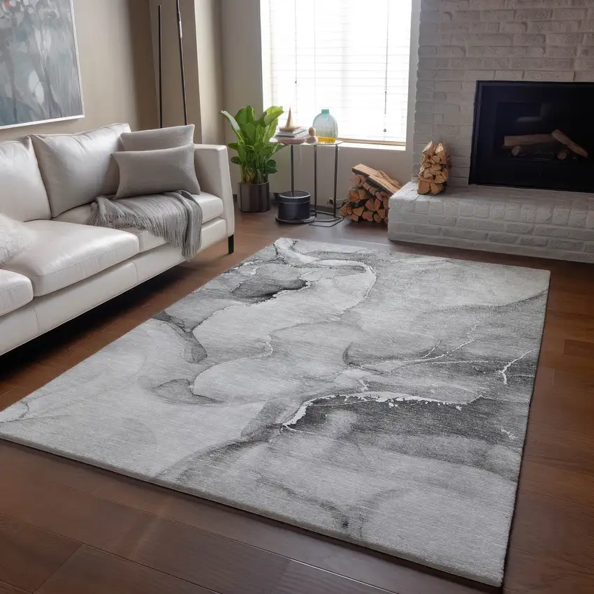 Gray And Ivory Abstract Washable Area Rug With UV Protection Photo 6