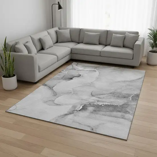 Gray And Ivory Abstract Washable Area Rug With UV Protection Photo 1