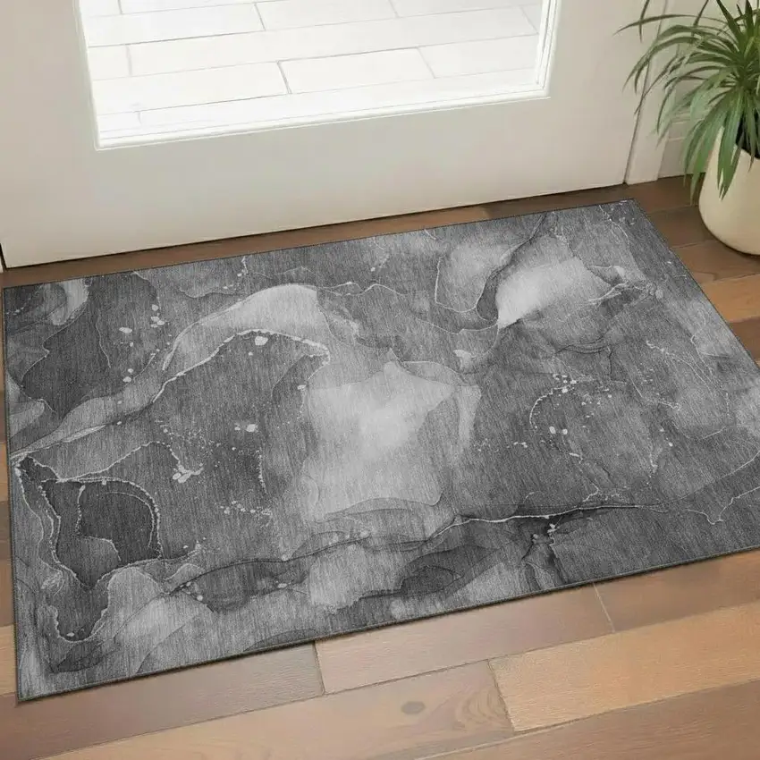 Gray And Ivory Abstract Washable Area Rug With UV Protection Photo 1