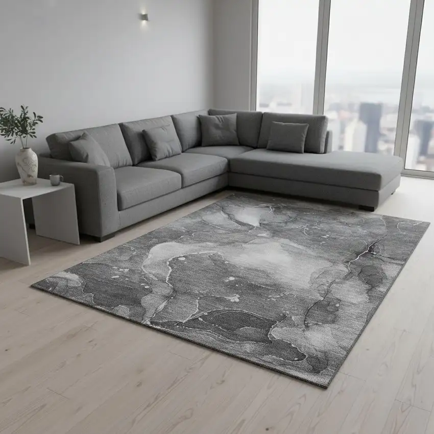 Gray And Ivory Abstract Washable Area Rug With UV Protection Photo 1