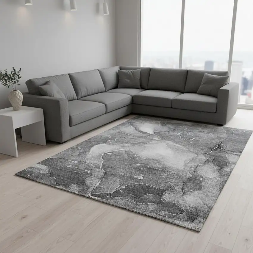 Gray And Ivory Abstract Washable Area Rug With UV Protection Photo 1