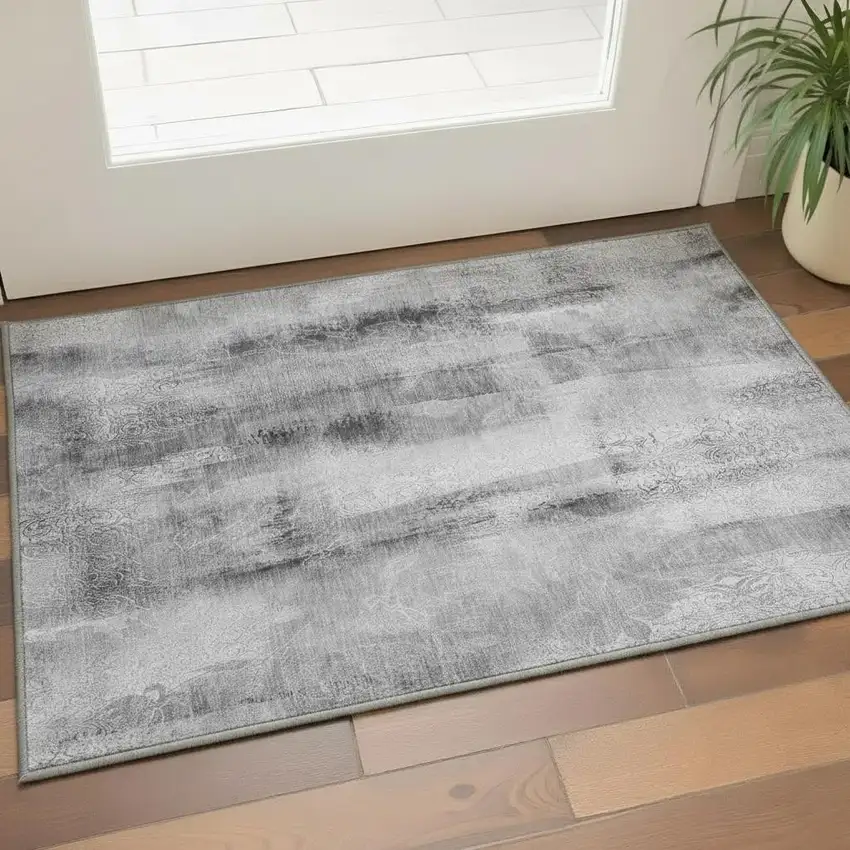Gray And Ivory Abstract Washable Area Rug With UV Protection Photo 2