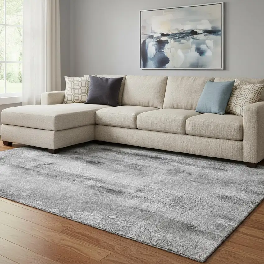 Gray And Ivory Abstract Washable Area Rug With UV Protection Photo 1