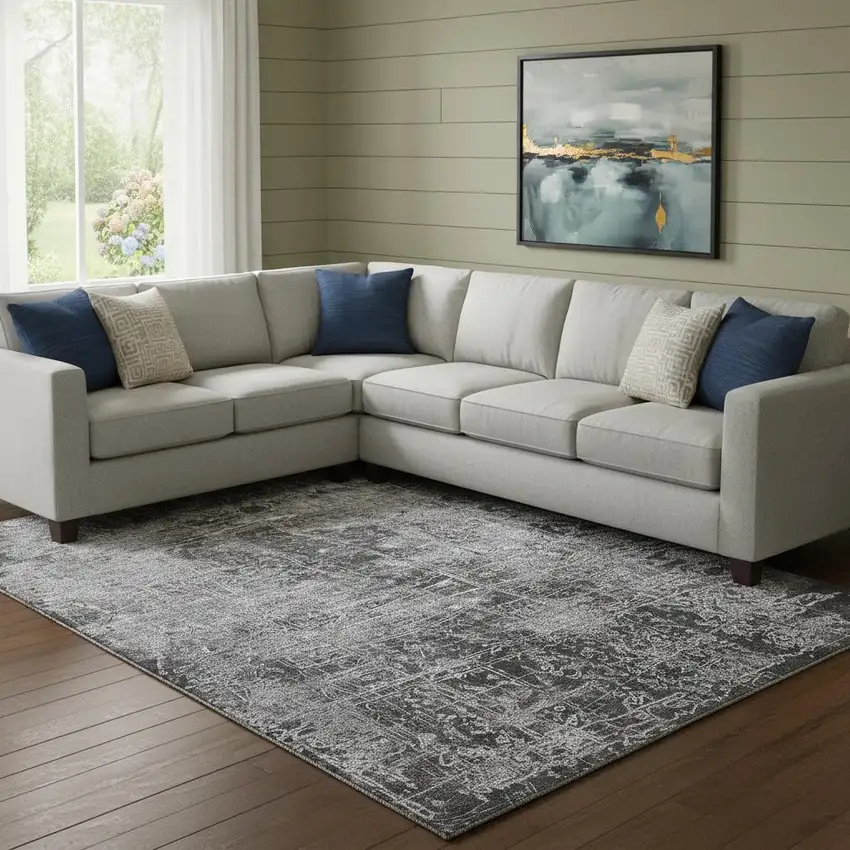 Gray And Ivory Abstract Washable Area Rug With UV Protection Photo 1