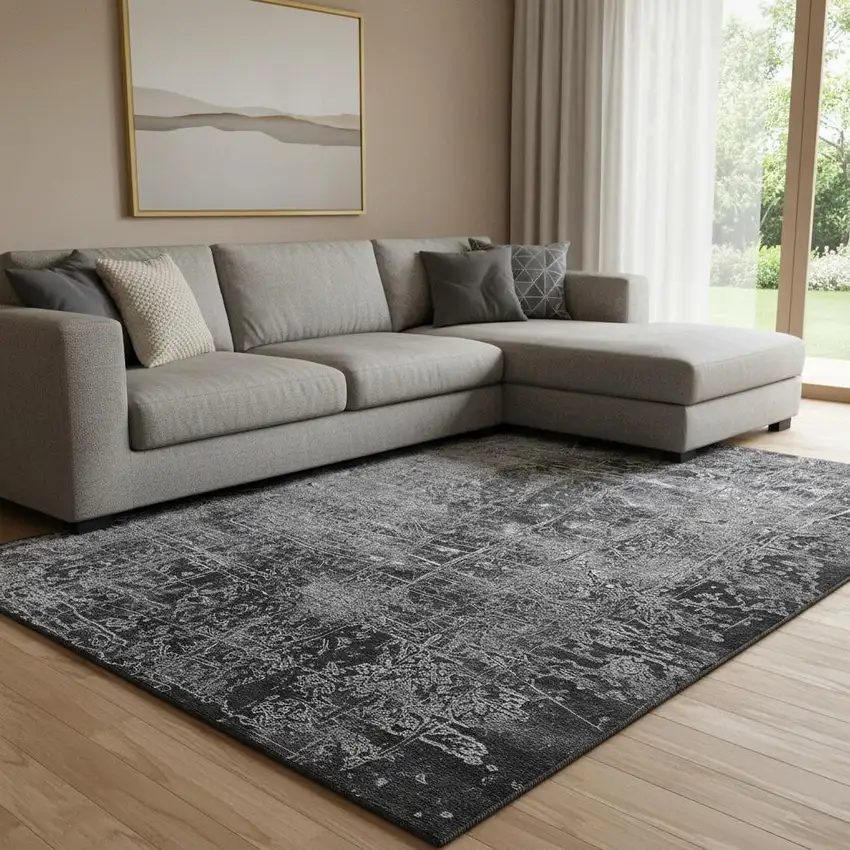 Gray And Ivory Abstract Washable Area Rug With UV Protection Photo 1
