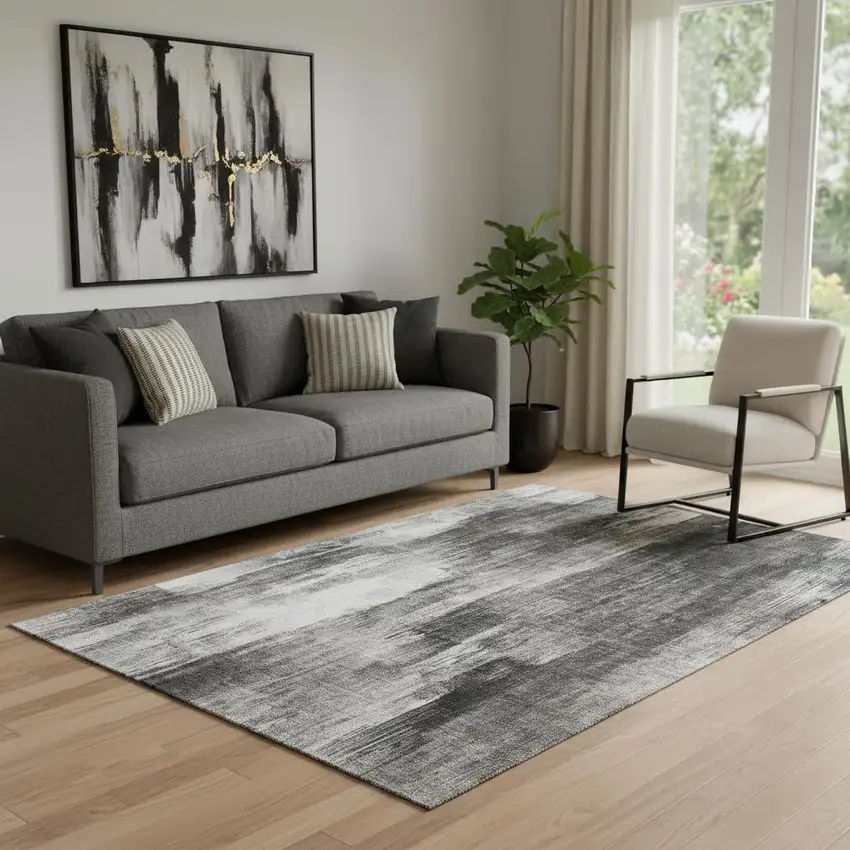 Gray And Ivory Abstract Washable Area Rug With UV Protection Photo 1