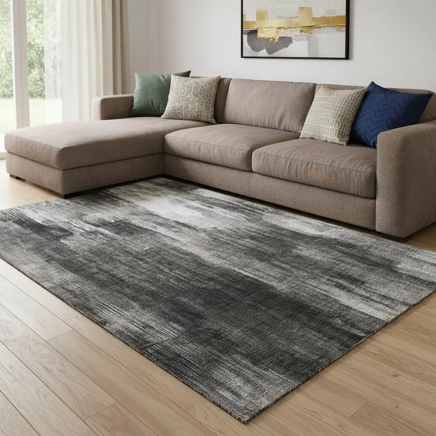 Gray And Ivory Abstract Washable Area Rug With UV Protection Photo 1