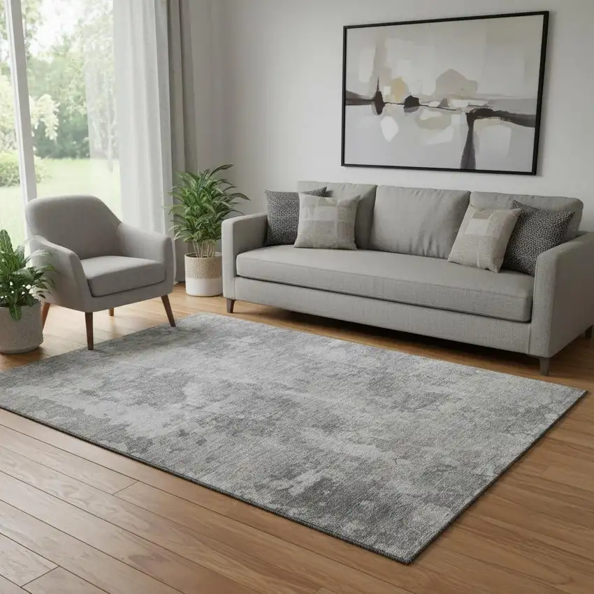 Gray And Ivory Abstract Washable Area Rug With UV Protection Photo 1