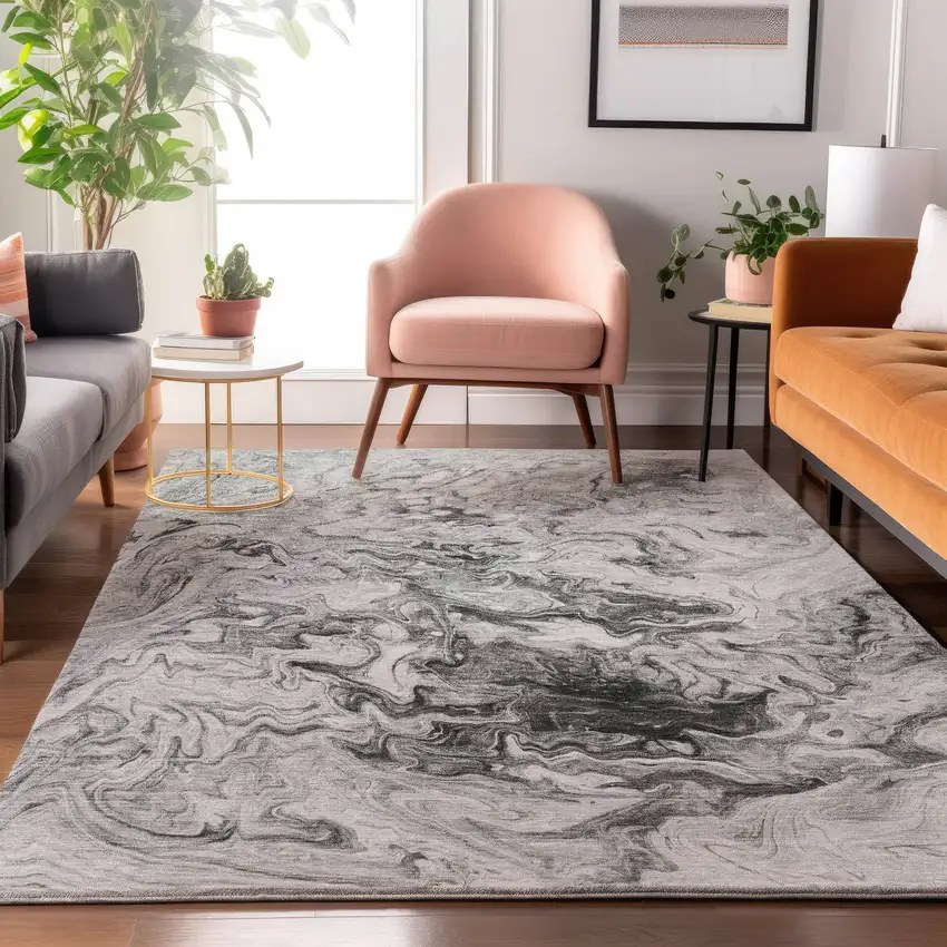 Gray And Ivory Abstract Washable Area Rug With UV Protection Photo 4