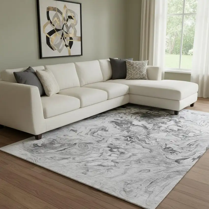 Gray And Ivory Abstract Washable Area Rug With UV Protection Photo 1